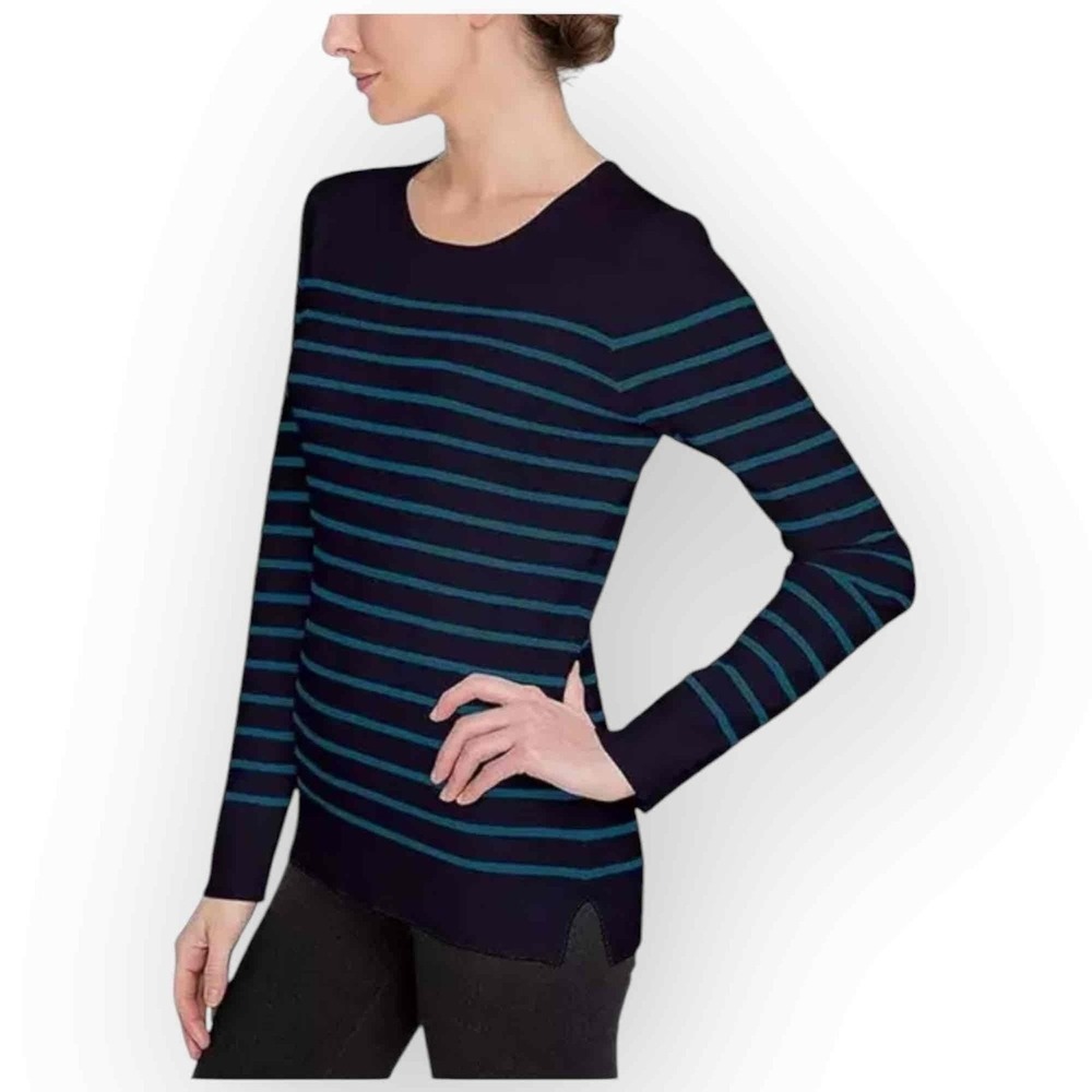 NWT Kirkland Signature Women Navy Blue Striped Rib Knit Crewneck Sweater XL